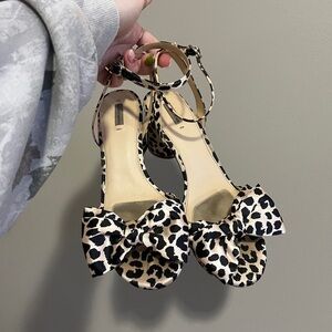 Leopard Bow Ankle Strap Heels - Women
